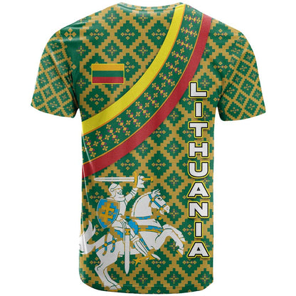 Lithuania Knight Pattern T-Shirt with Traditional Green Yellow Red Design and Vytis Emblem Graphic Tee