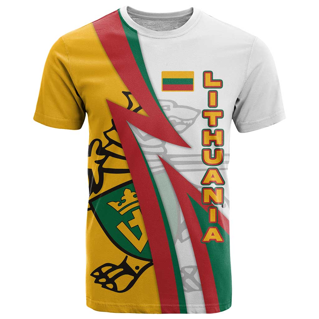 Lithuania Flag Colors T-Shirt with Vytis Knight Design and Bold Lightning Motif Graphic Tee