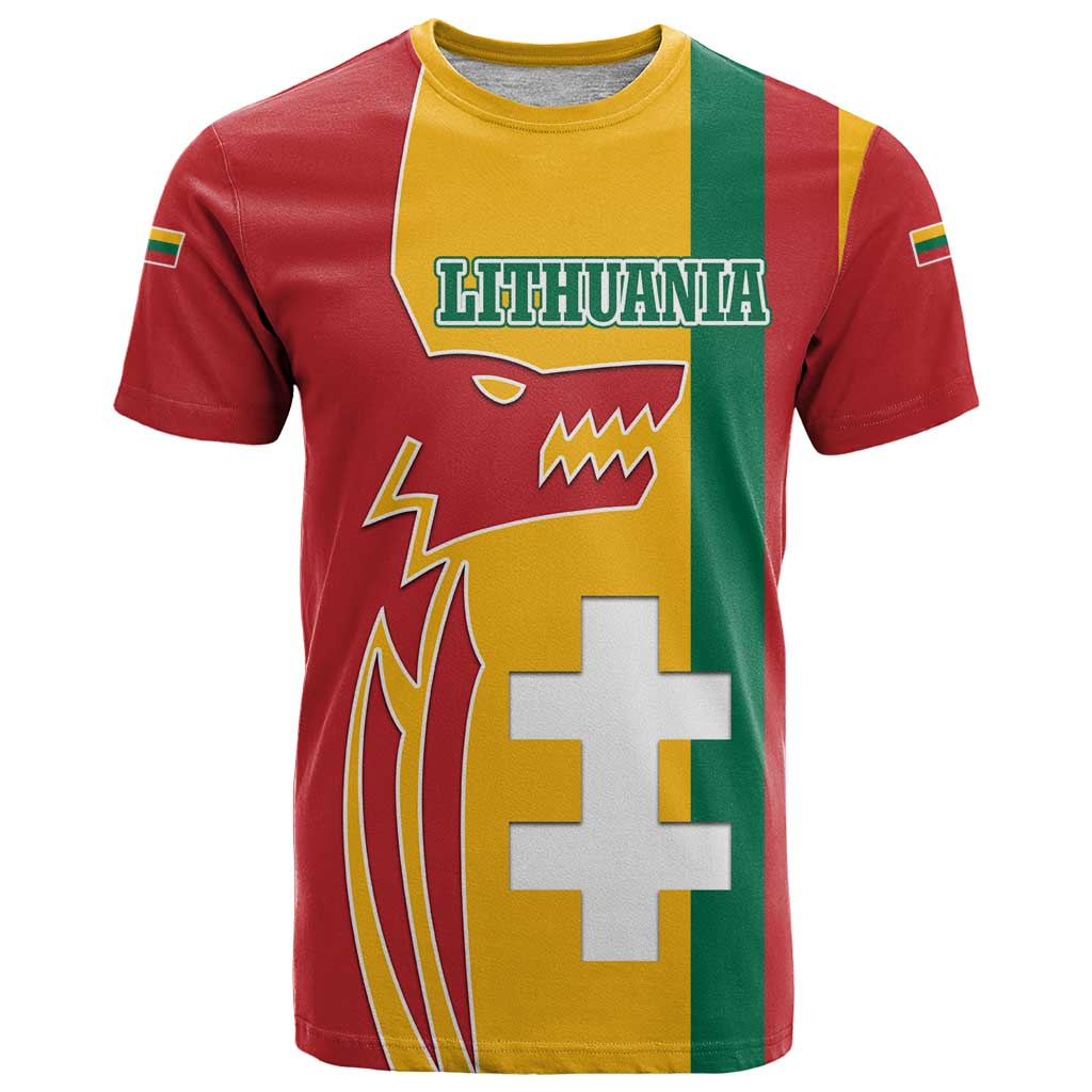Lithuania Red T-Shirt with Bold Vytis Cross Design and Tricolor Flag Accents Graphic Tee