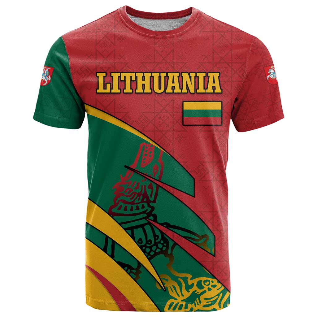 Lithuania Red and Green T-Shirt with Knight and Dragon Claw Graphic and National Flag Graphic Tee