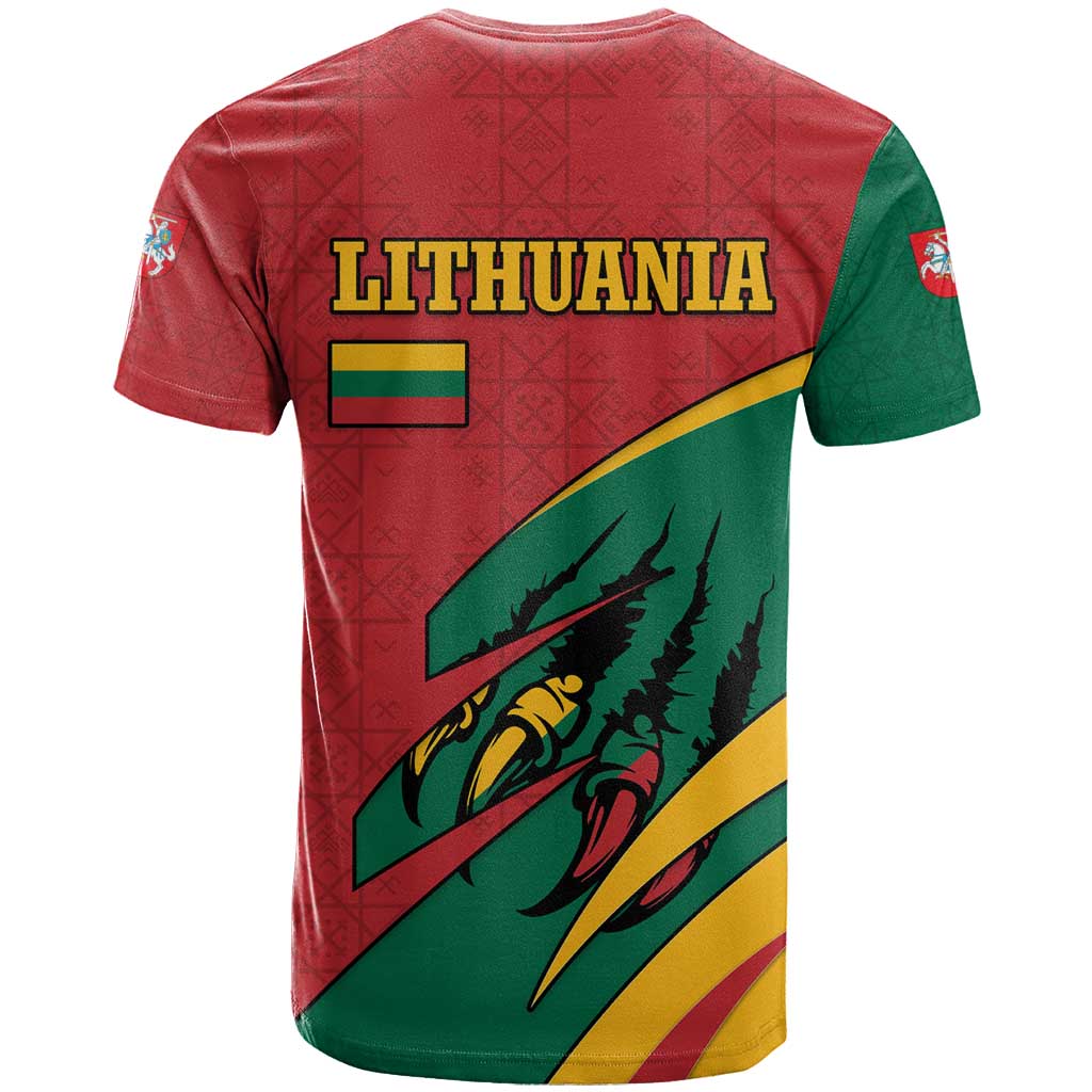 Lithuania Red and Green T-Shirt with Knight and Dragon Claw Graphic and National Flag Graphic Tee