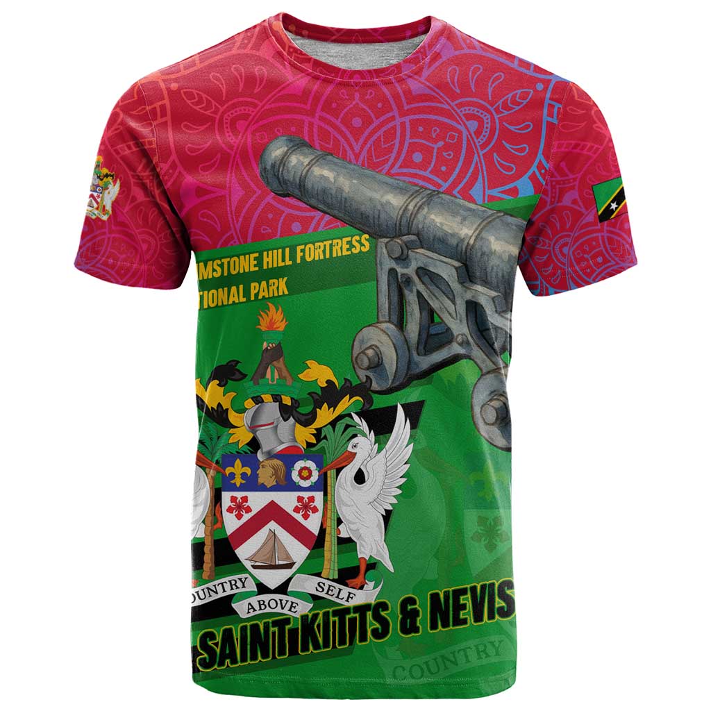 Saint Kitts and Nevis Apparel T-Shirt with National Coat of Arms and Cannon Graphic in Red and Green Cultural Pattern Design Graphic Tee