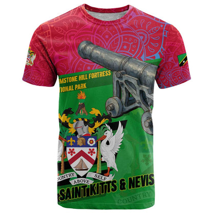 Saint Kitts and Nevis Apparel T-Shirt with National Coat of Arms and Cannon Graphic in Red and Green Cultural Pattern Design Graphic Tee