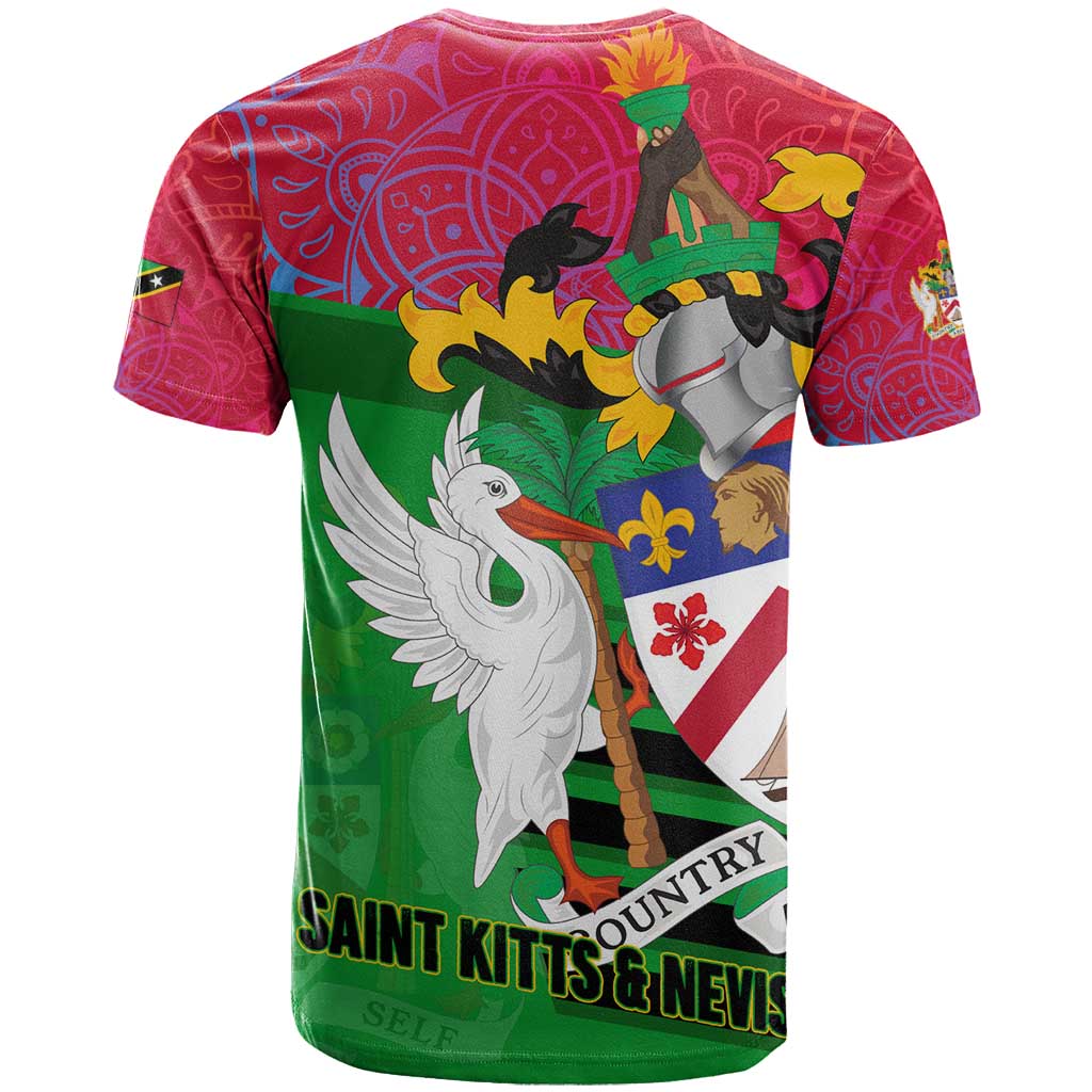 Saint Kitts and Nevis Apparel T-Shirt with National Coat of Arms and Cannon Graphic in Red and Green Cultural Pattern Design Graphic Tee