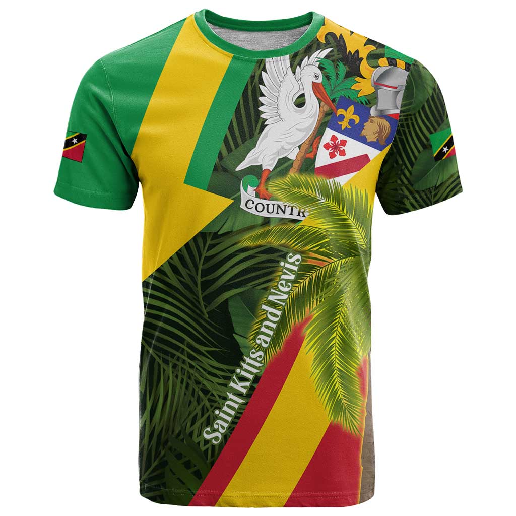 Saint Kitts and Nevis Apparel T-Shirt with Coat of Arms, Palm Trees, and Hammock Graphic in Tropical Green and Flag-Inspired Design Graphic Tee