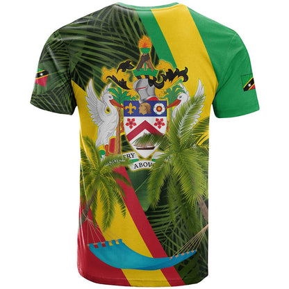 Saint Kitts and Nevis Apparel T-Shirt with Coat of Arms, Palm Trees, and Hammock Graphic in Tropical Green and Flag-Inspired Design Graphic Tee