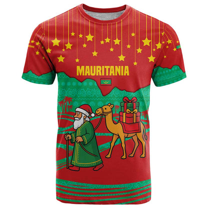 Mauritania Christmas T-Shirt with Santa Claus Camel Gift Boxes Starry Sky and Desert Pattern Design Graphic Tee