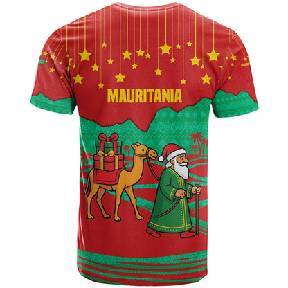 Mauritania Christmas T-Shirt with Santa Claus Camel Gift Boxes Starry Sky and Desert Pattern Design Graphic Tee