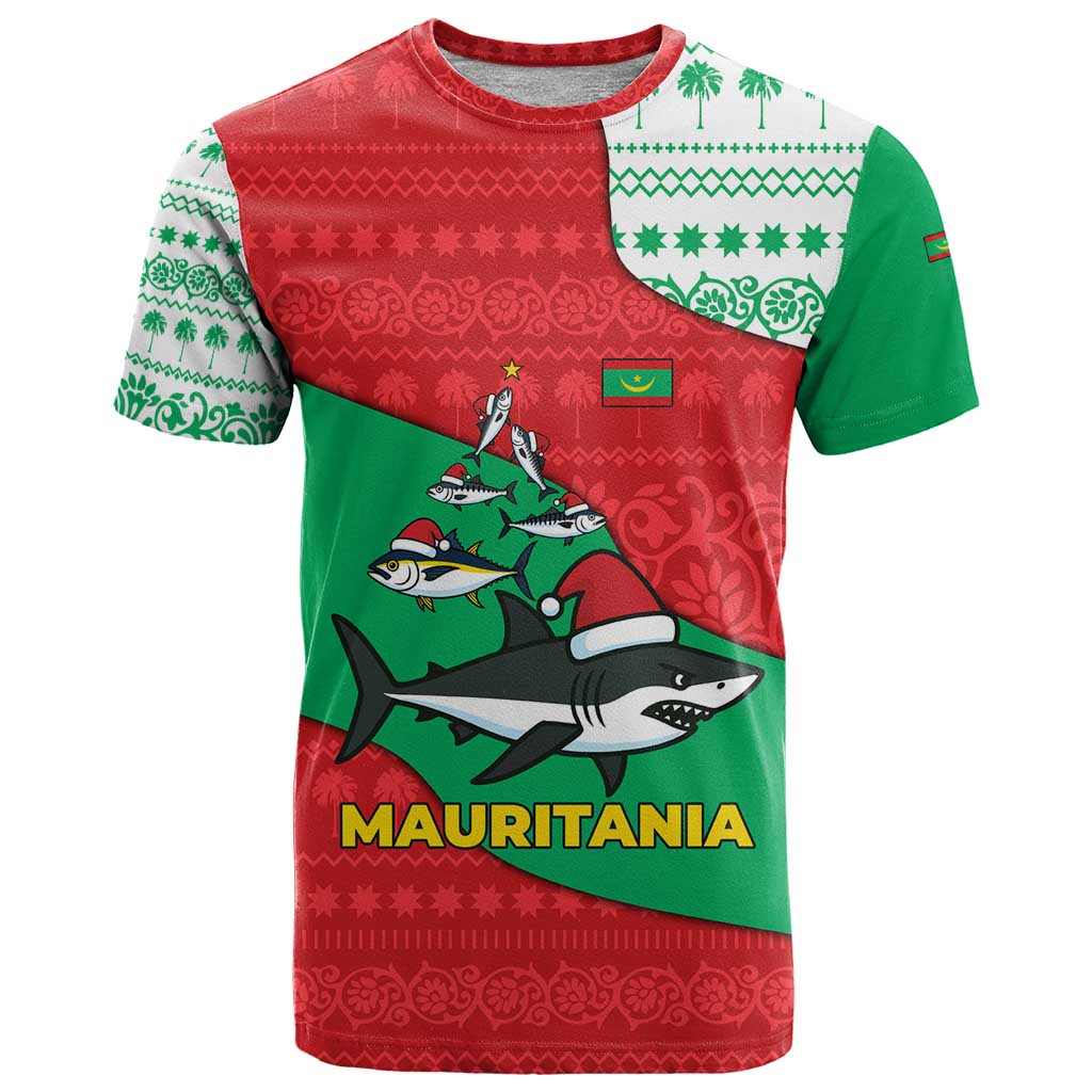 Mauritania Christmas T-Shirt with Santa Sharks Festive Fish Pattern and Red Green Holiday Design Graphic Tee