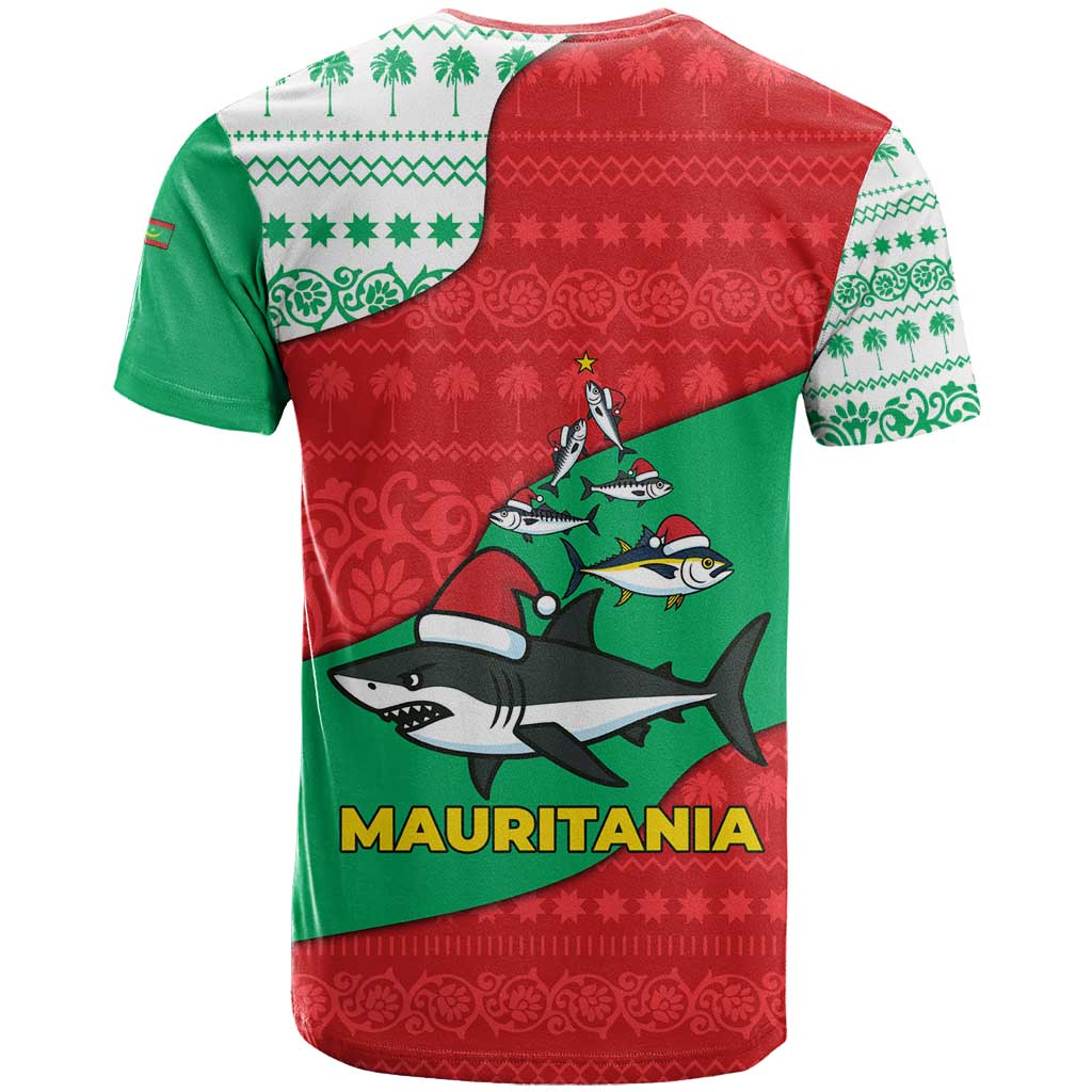 Mauritania Christmas T-Shirt with Santa Sharks Festive Fish Pattern and Red Green Holiday Design Graphic Tee