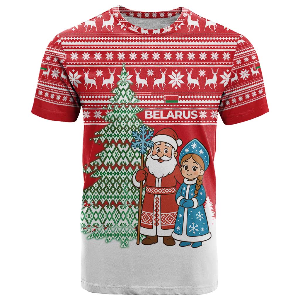 Belarus Christmas T-Shirt with Ded Moroz Snow Maiden Christmas Tree and Nordic Pattern Design Graphic Tee