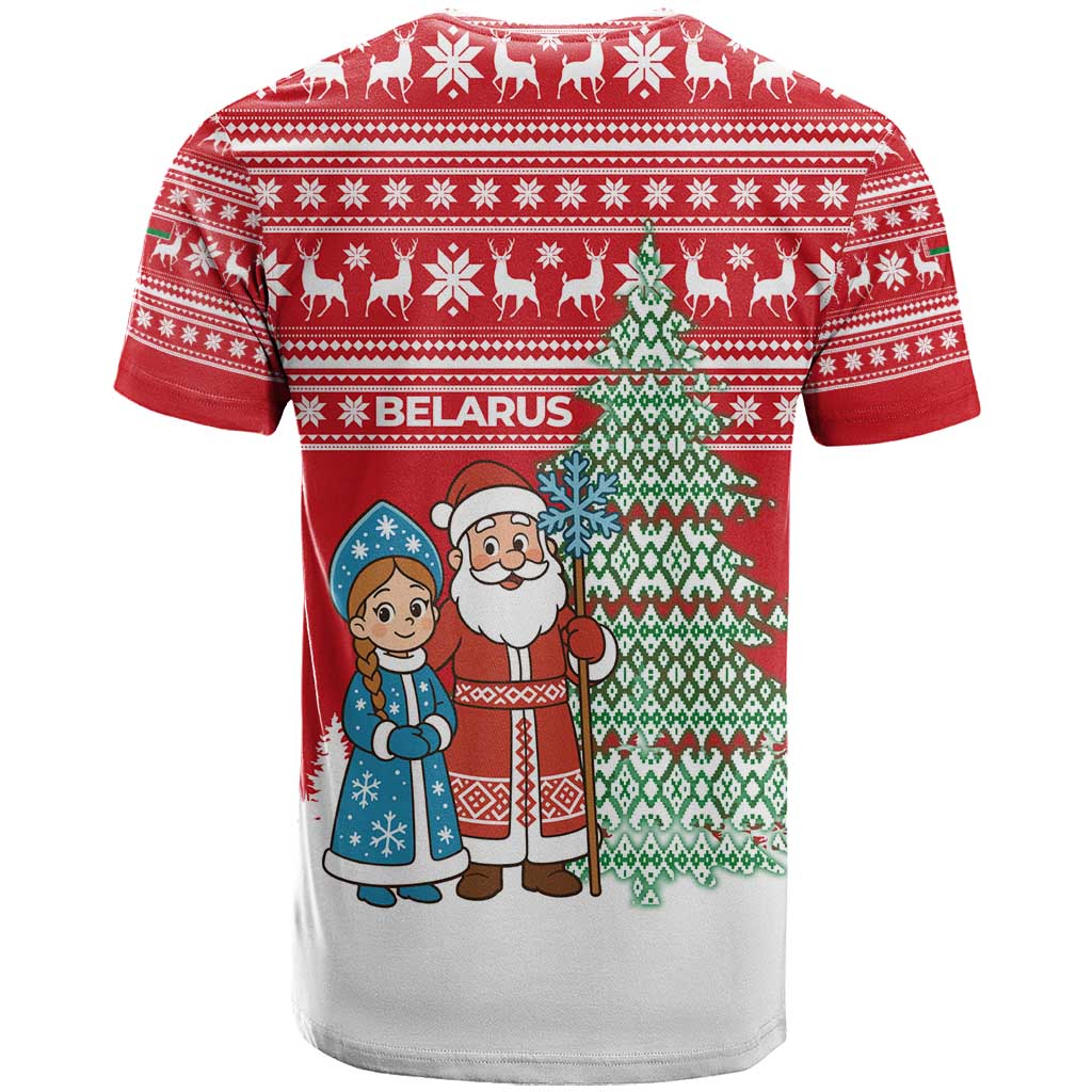 Belarus Christmas T-Shirt with Ded Moroz Snow Maiden Christmas Tree and Nordic Pattern Design Graphic Tee