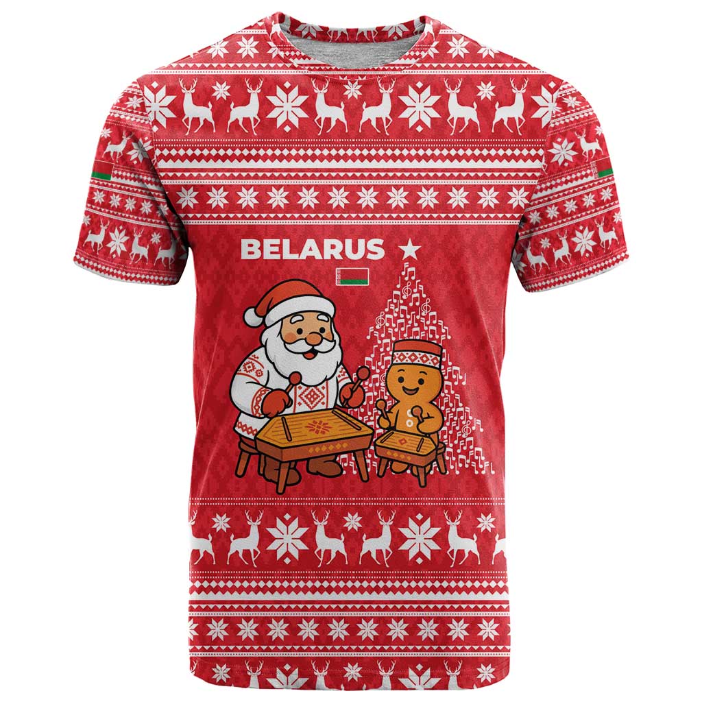 Belarus Christmas T-Shirt with Santa Gingerbread Playing Chess National Emblem and Nordic Pattern Design Graphic Tee