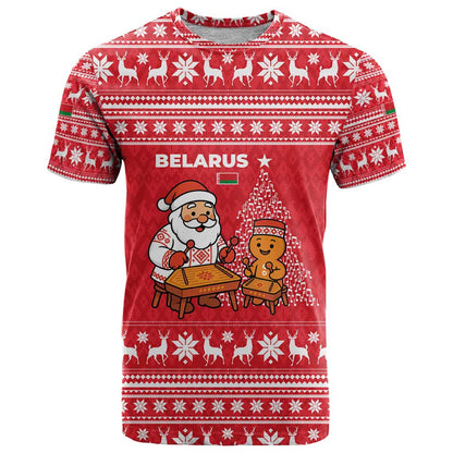 Belarus Christmas T-Shirt with Santa Gingerbread Playing Chess National Emblem and Nordic Pattern Design Graphic Tee