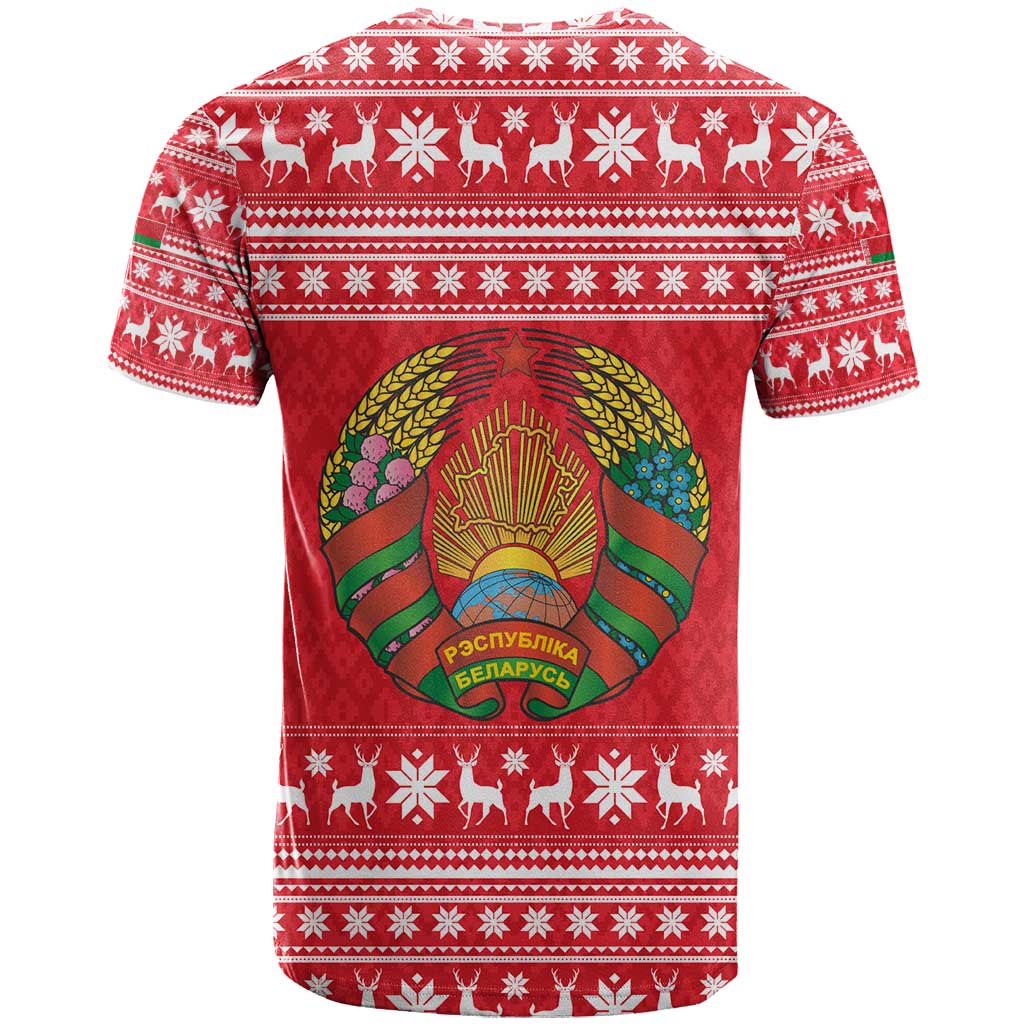 Belarus Christmas T-Shirt with Santa Gingerbread Playing Chess National Emblem and Nordic Pattern Design Graphic Tee