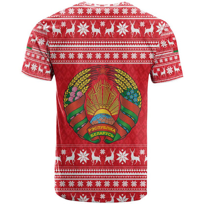 Belarus Christmas T-Shirt with Santa Gingerbread Playing Chess National Emblem and Nordic Pattern Design Graphic Tee