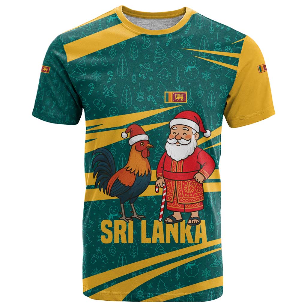 Sri Lanka Christmas T-Shirt with Santa Claus Rooster Festive Pattern and National Flag Design Graphic Tee