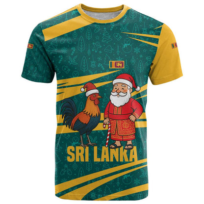 Sri Lanka Christmas T-Shirt with Santa Claus Rooster Festive Pattern and National Flag Design Graphic Tee