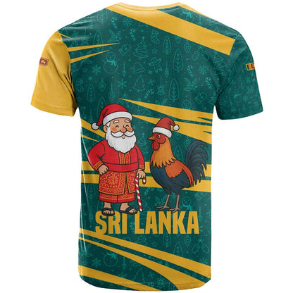 Sri Lanka Christmas T-Shirt with Santa Claus Rooster Festive Pattern and National Flag Design Graphic Tee