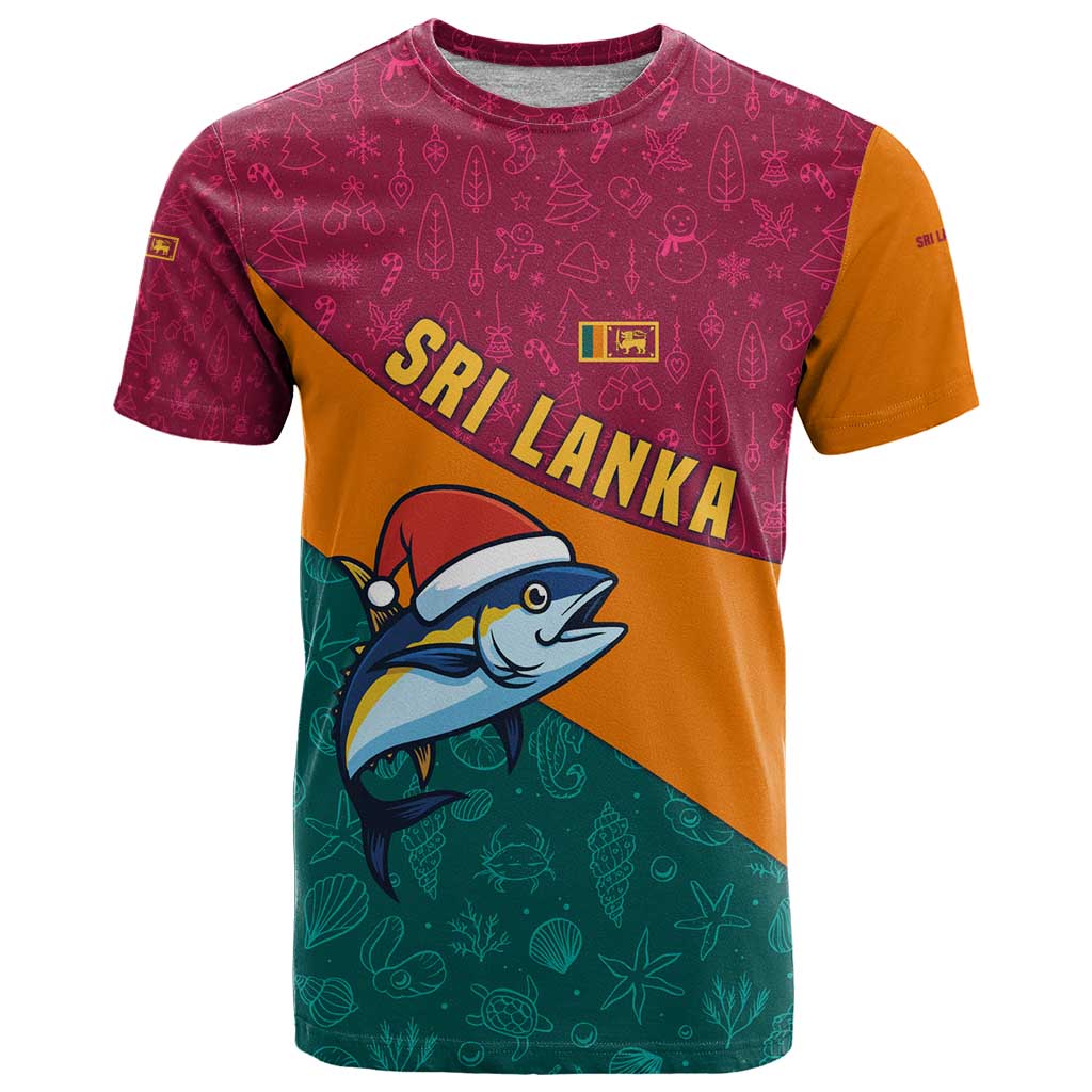 Sri Lanka Christmas T-Shirt with Santa Hat Fish Ocean Icons and Tri Color Festive Design Graphic Tee