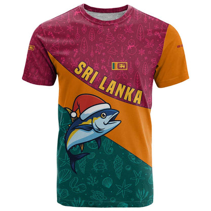 Sri Lanka Christmas T-Shirt with Santa Hat Fish Ocean Icons and Tri Color Festive Design Graphic Tee