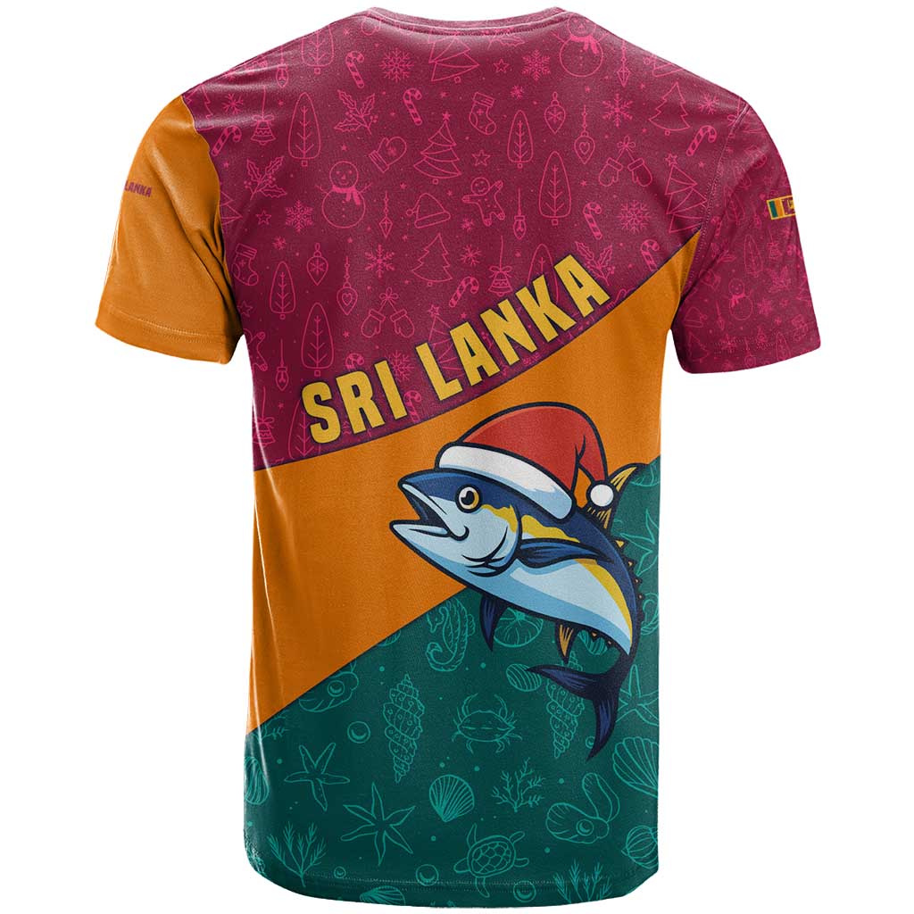 Sri Lanka Christmas T-Shirt with Santa Hat Fish Ocean Icons and Tri Color Festive Design Graphic Tee