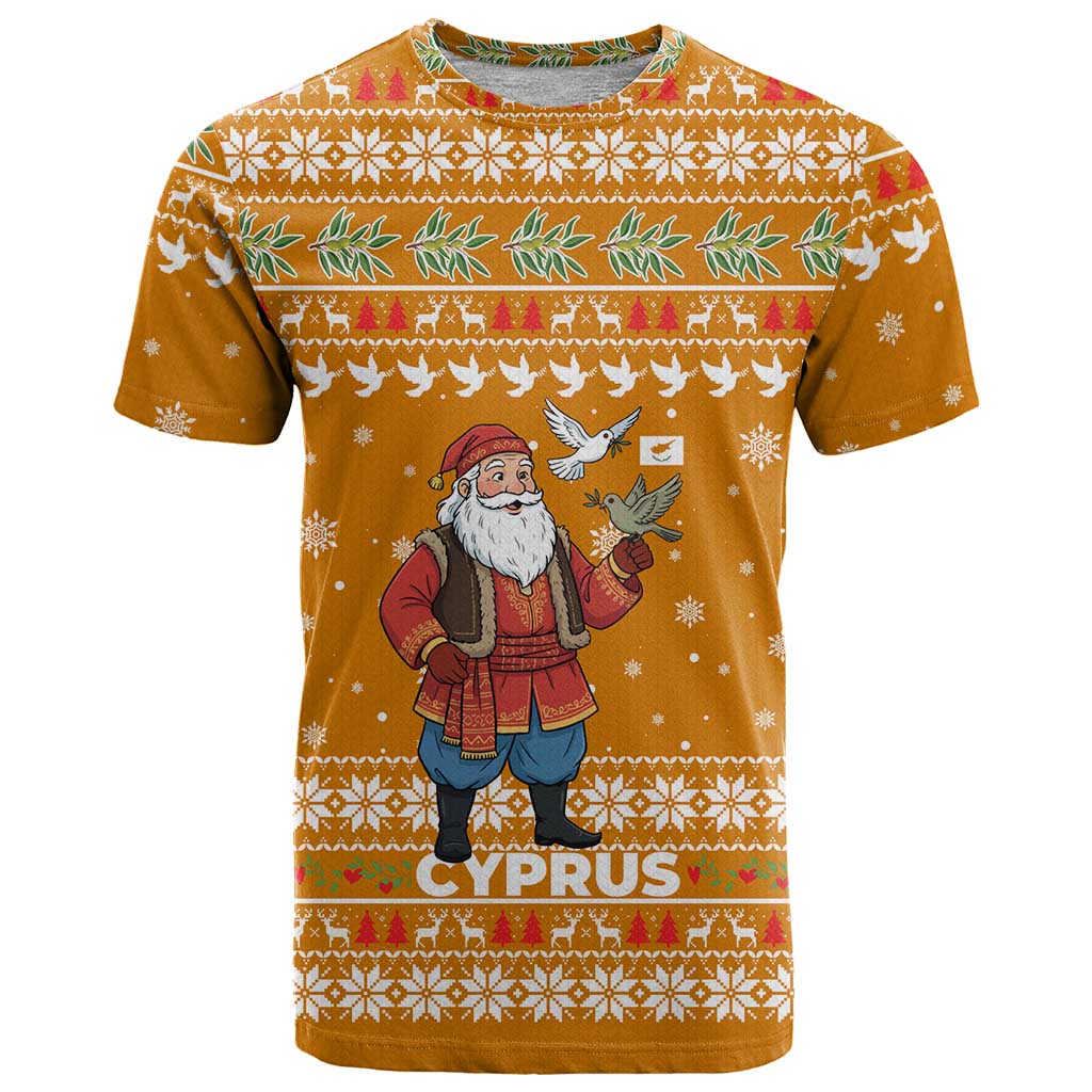 Cyprus Christmas T-Shirt with Santa Holding Doves Olive Branch Snowflakes and Holiday Graphic Tee