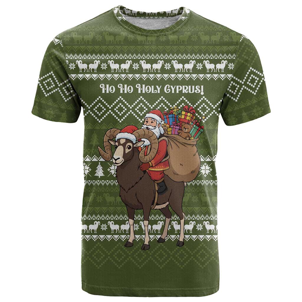 Cyprus Christmas T-Shirt with Santa Riding Ram Ho Ho Holy Cyprus Text and Green Holiday Graphic Tee