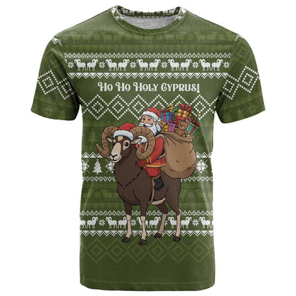 Cyprus Christmas T-Shirt with Santa Riding Ram Ho Ho Holy Cyprus Text and Green Holiday Graphic Tee