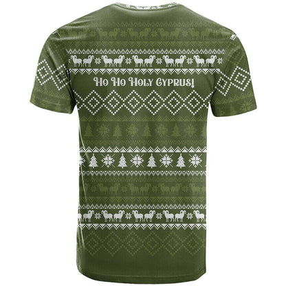 Cyprus Christmas T-Shirt with Santa Riding Ram Ho Ho Holy Cyprus Text and Green Holiday Graphic Tee