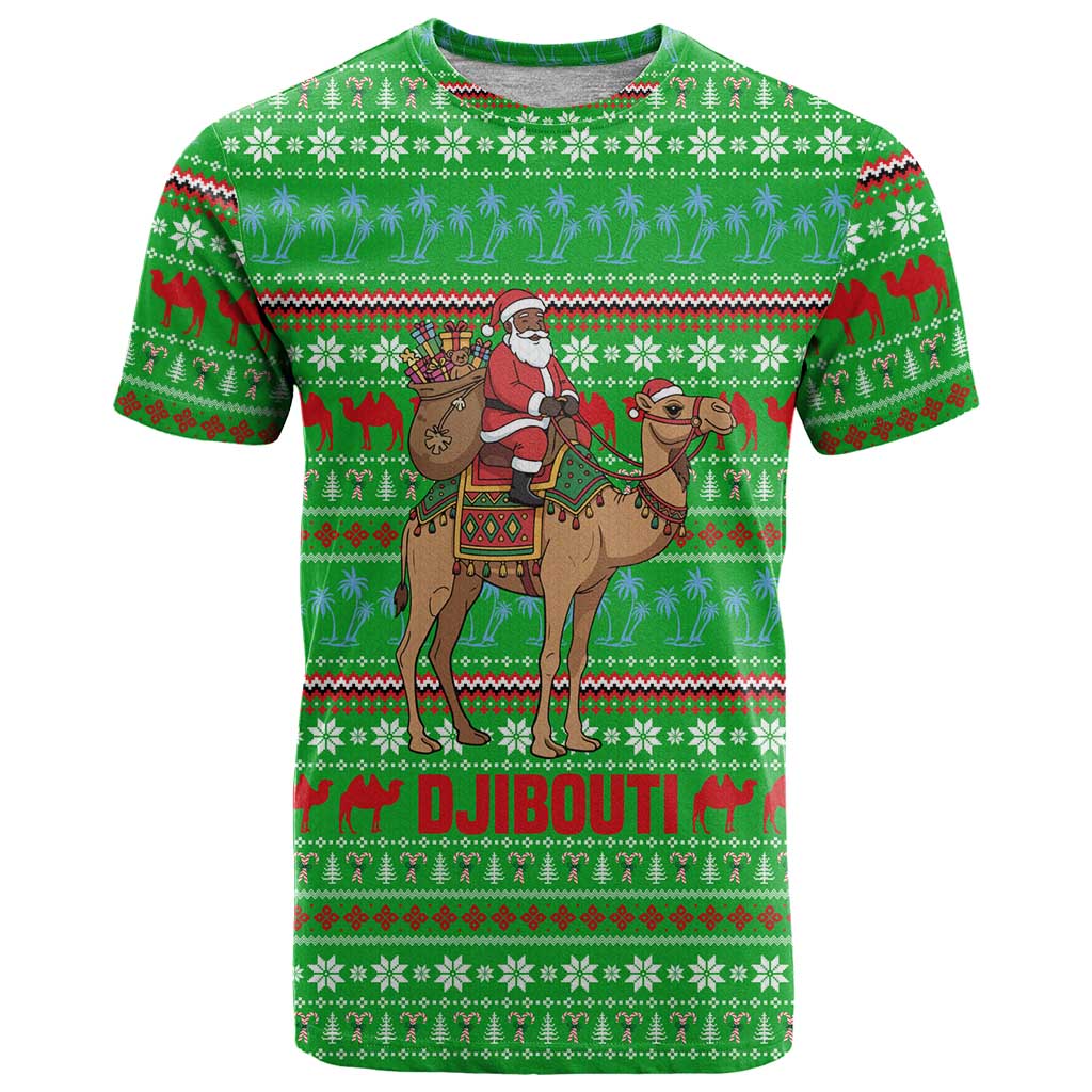 Djibouti Christmas T-Shirt with Santa Riding Camel Palm Trees Red Camel Graphic Tee