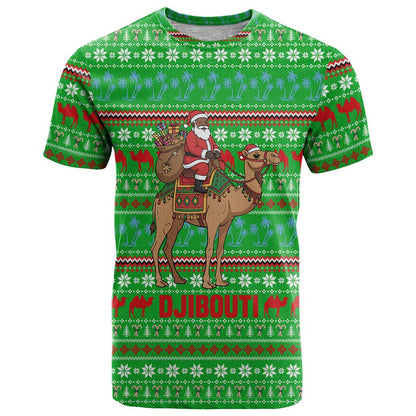 Djibouti Christmas T-Shirt with Santa Riding Camel Palm Trees Red Camel Graphic Tee