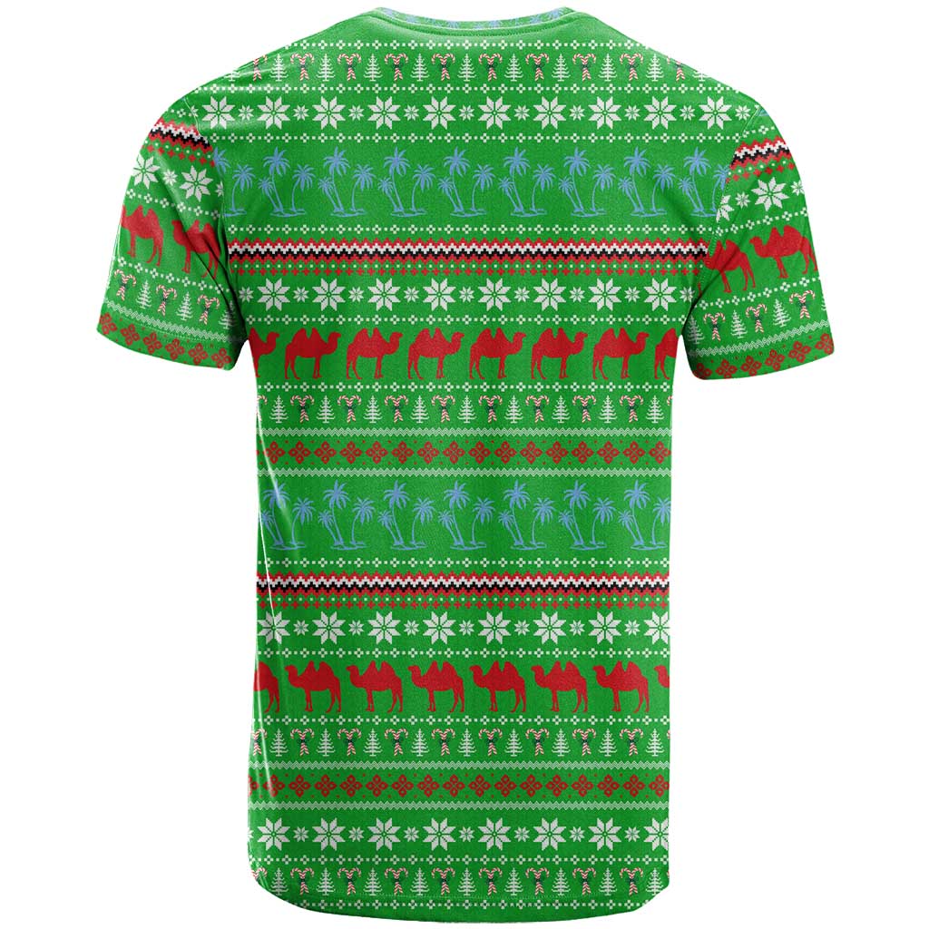 Djibouti Christmas T-Shirt with Santa Riding Camel Palm Trees Red Camel Graphic Tee
