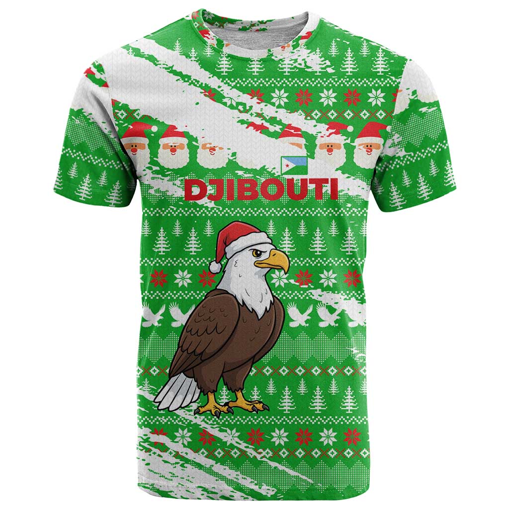 Djibouti Christmas T-Shirt with Santa Eagle Doves Trees and Green Snowflake Holiday Graphic Tee