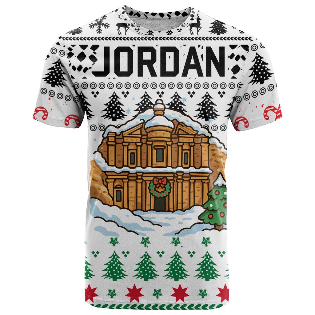 Jordan Christmas T-Shirt with Petra Monastery Snow Christmas Trees and Candy Cane Pattern Graphic Tee