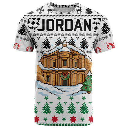Jordan Christmas T-Shirt with Petra Monastery Snow Christmas Trees and Candy Cane Pattern Graphic Tee