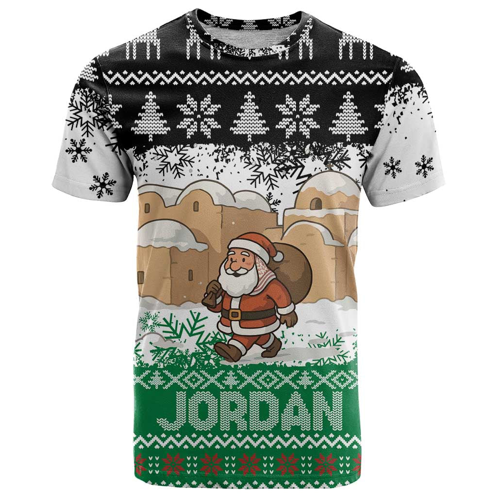 Jordan Christmas T-Shirt with Santa Snow Village Green and Black Snowflake Tree Pattern Graphic Tee