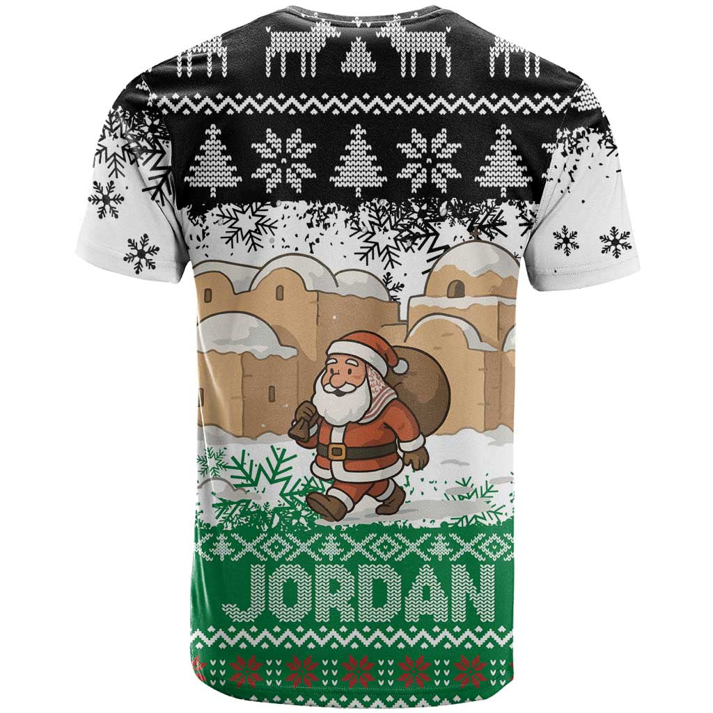 Jordan Christmas T-Shirt with Santa Snow Village Green and Black Snowflake Tree Pattern Graphic Tee