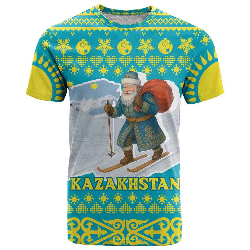 Kazakhstan Christmas T-Shirt with Santa Skiing in Traditional Outfit Snow Mountain and Sun Pattern Graphic Tee