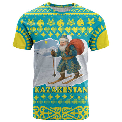 Kazakhstan Christmas T-Shirt with Santa Skiing in Traditional Outfit Snow Mountain and Sun Pattern Graphic Tee