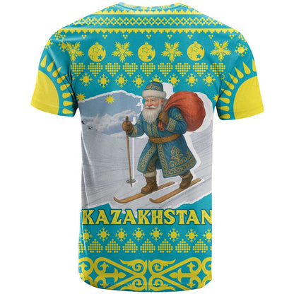 Kazakhstan Christmas T-Shirt with Santa Skiing in Traditional Outfit Snow Mountain and Sun Pattern Graphic Tee