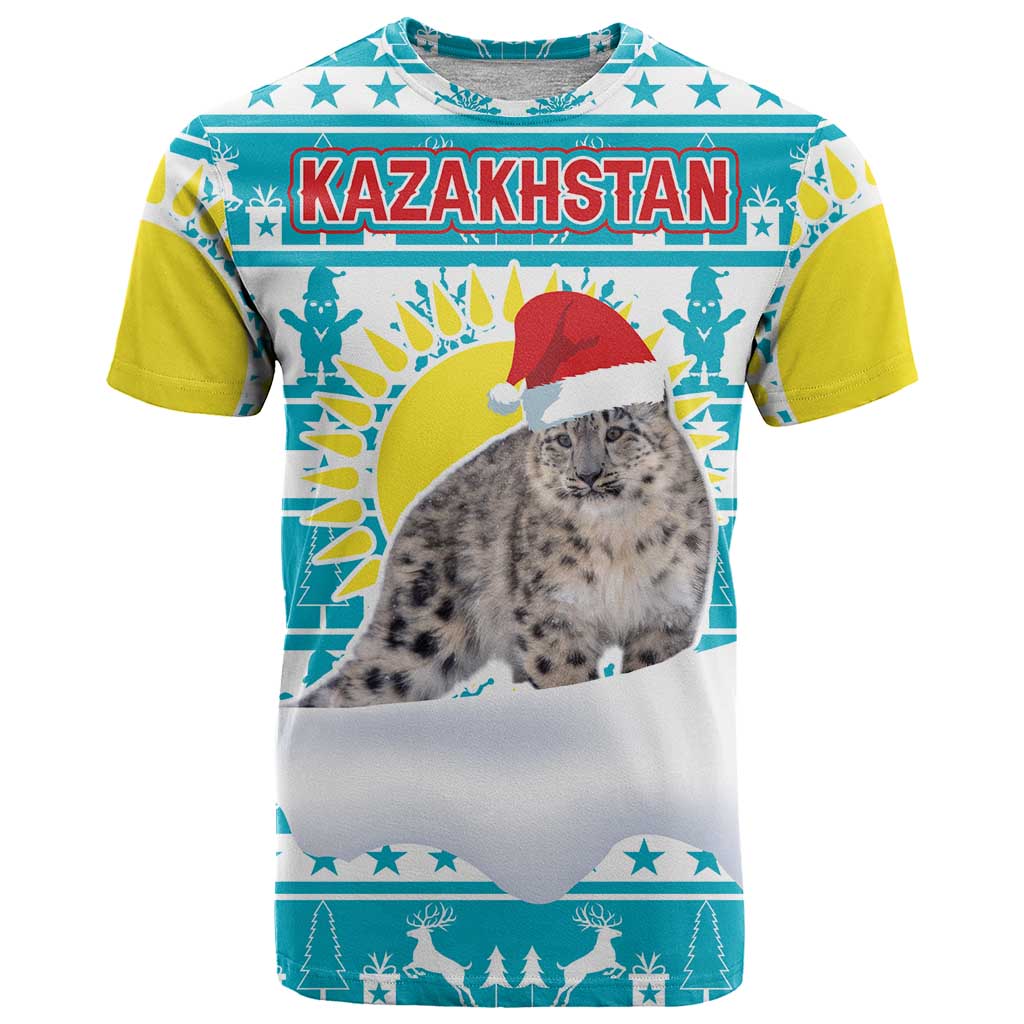 Kazakhstan Christmas T-Shirt with Snow Leopard in Santa Hat Blue and Yellow Reindeer Snowflake Graphic Tee