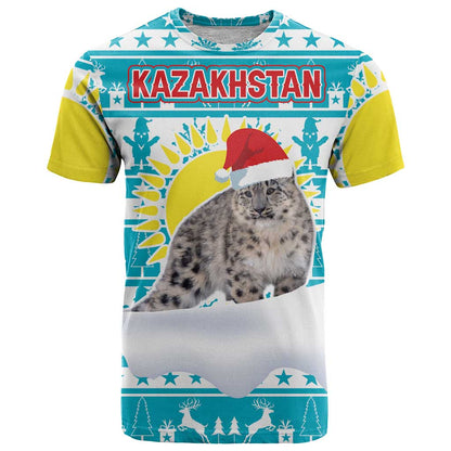 Kazakhstan Christmas T-Shirt with Snow Leopard in Santa Hat Blue and Yellow Reindeer Snowflake Graphic Tee