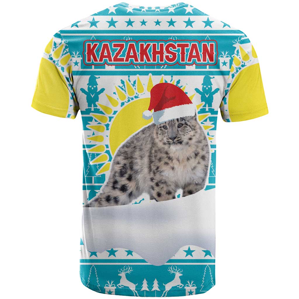 Kazakhstan Christmas T-Shirt with Snow Leopard in Santa Hat Blue and Yellow Reindeer Snowflake Graphic Tee