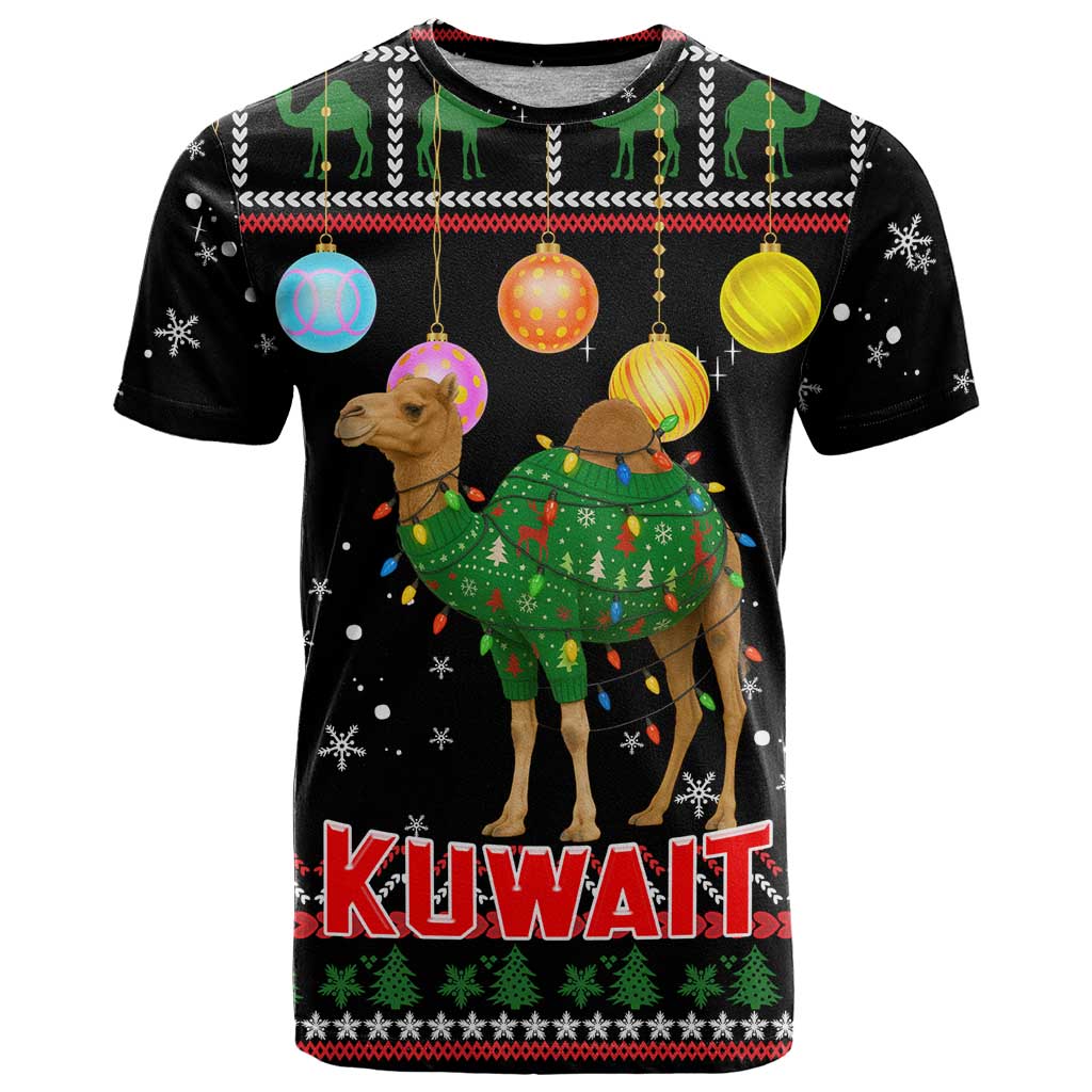 Kuwait Christmas T-Shirt with Camel in Festive Ornaments Snowflakes and Green Red Graphic Tee