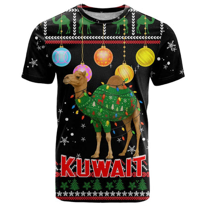 Kuwait Christmas T-Shirt with Camel in Festive Ornaments Snowflakes and Green Red Graphic Tee
