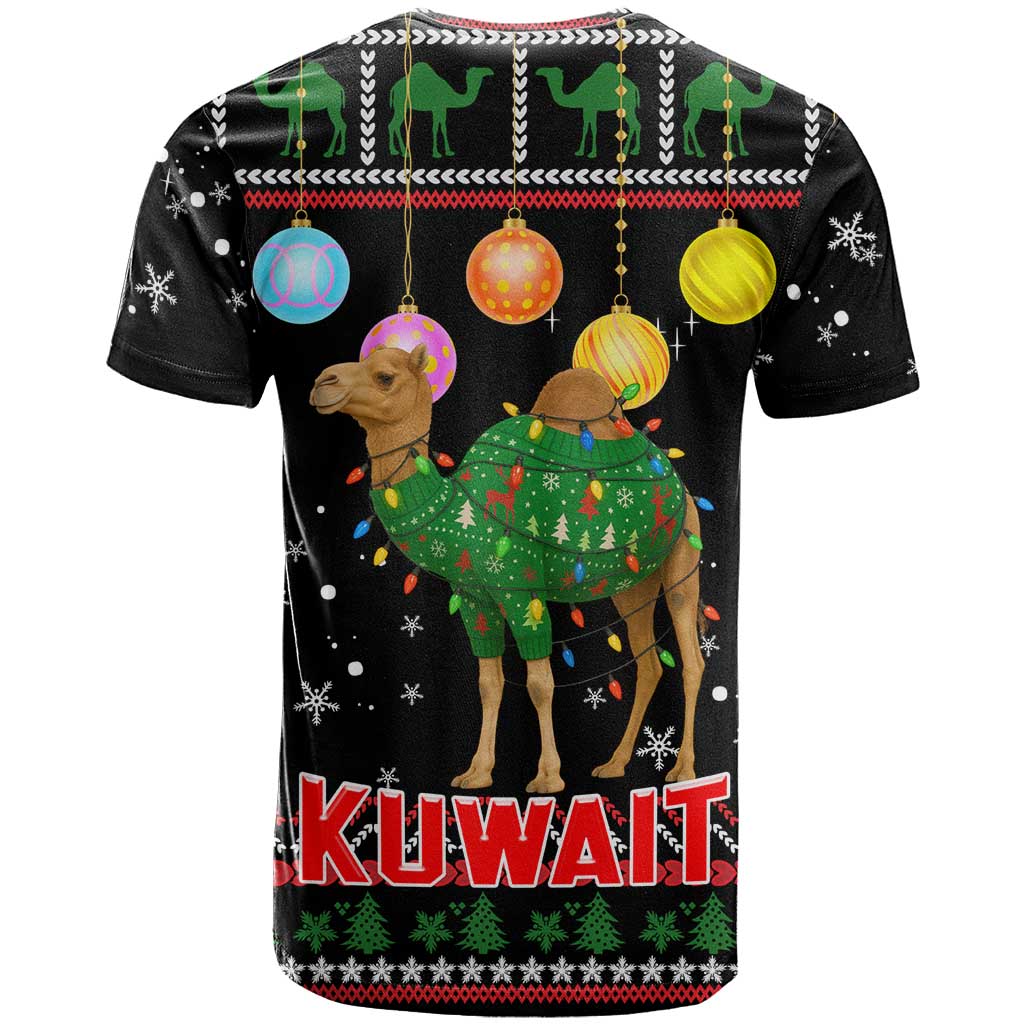 Kuwait Christmas T-Shirt with Camel in Festive Ornaments Snowflakes and Green Red Graphic Tee