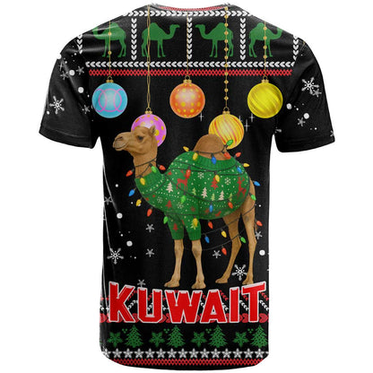 Kuwait Christmas T-Shirt with Camel in Festive Ornaments Snowflakes and Green Red Graphic Tee