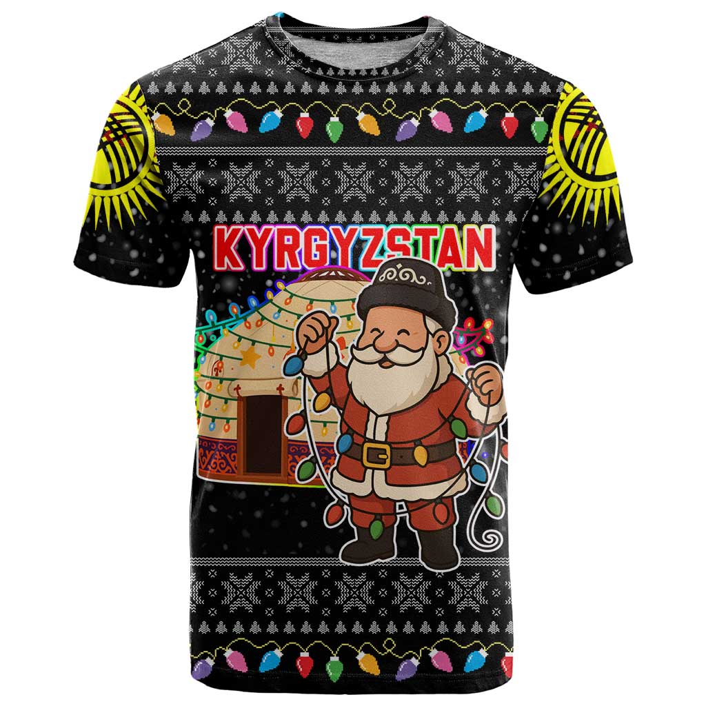 Kyrgyzstan Christmas T-Shirt with Santa Decorating Yurt Colorful Lights Snowflakes and National Graphic Tee