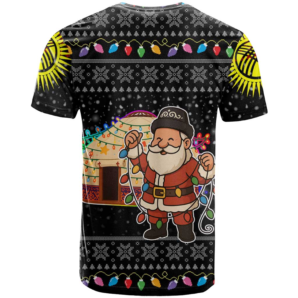 Kyrgyzstan Christmas T-Shirt with Santa Decorating Yurt Colorful Lights Snowflakes and National Graphic Tee